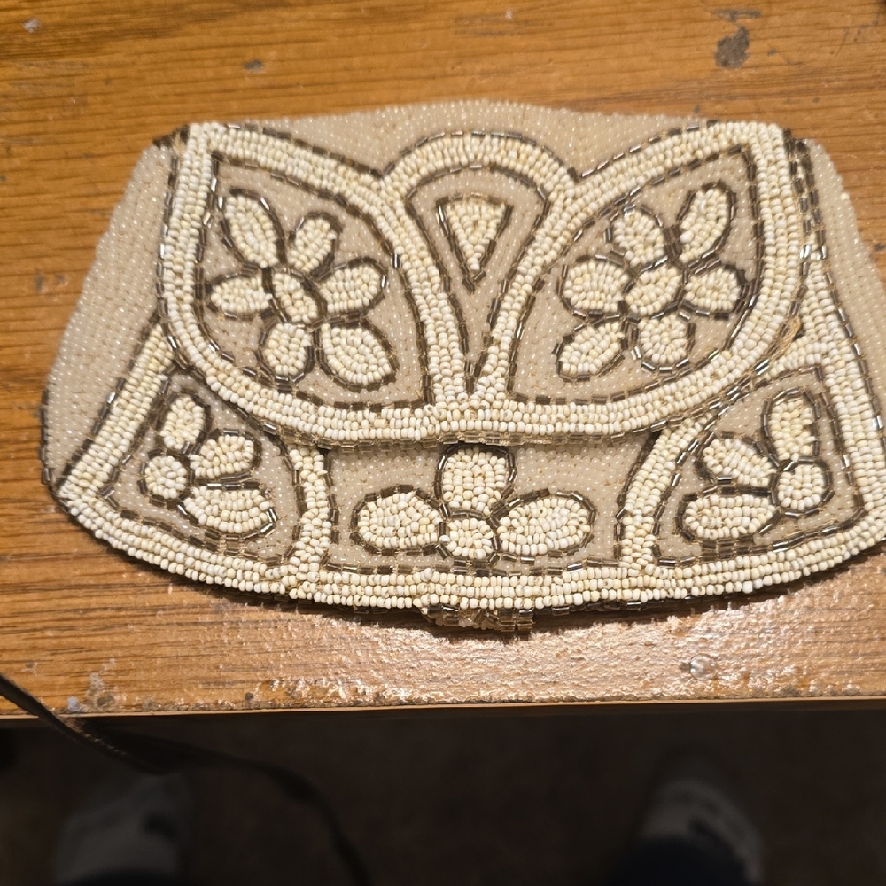 Elegant Beaded Clutch in Cream and Brown